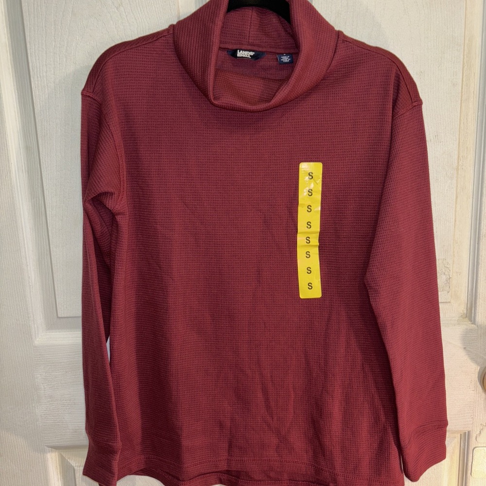 Lands' End Women's Long-Sleeve Waffle Funnel Neck Pullover Burgundy , Size Small